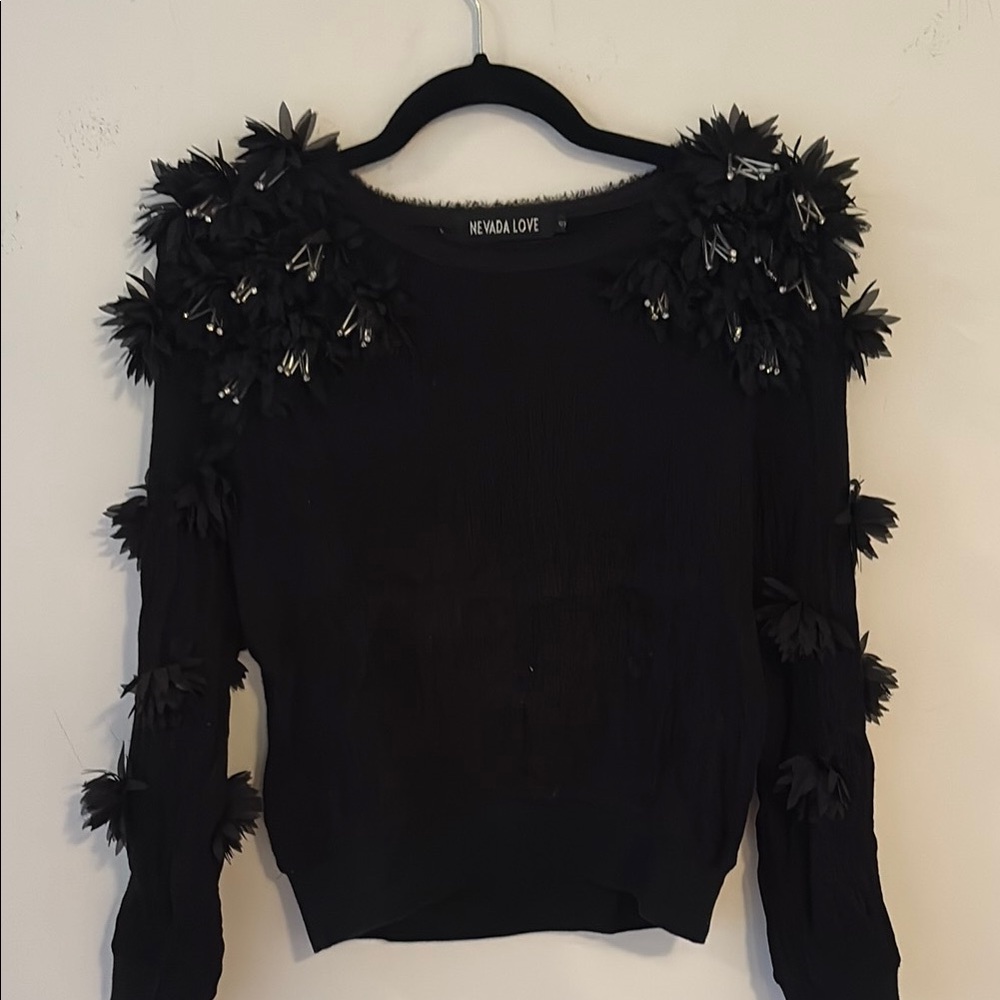 Black Sweater with Floral Embellishments